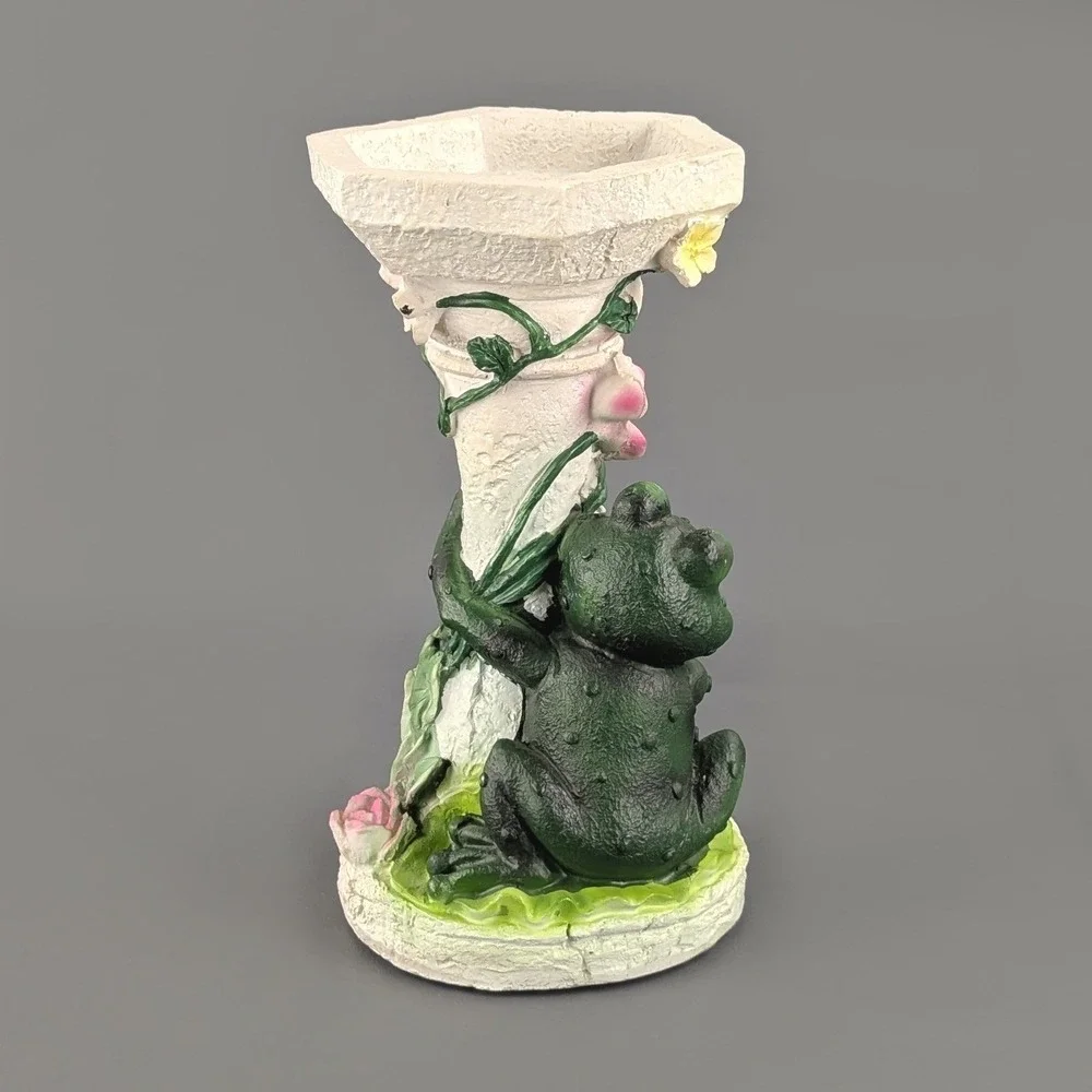 Vintage Frog and Rose Resin Pedestal Candle Holder Garden Decor 8.5 Inch